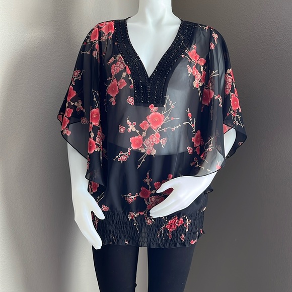 Studio Y Tops - Studio Y Floral Black and Red Women's Top
